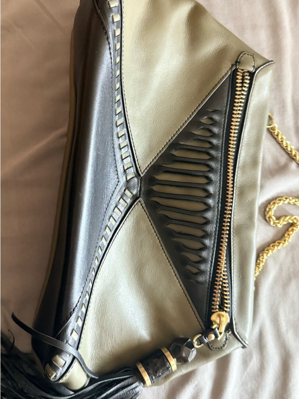 Rafe New York Women’s leather crossbody purse. Green, black and gold.
